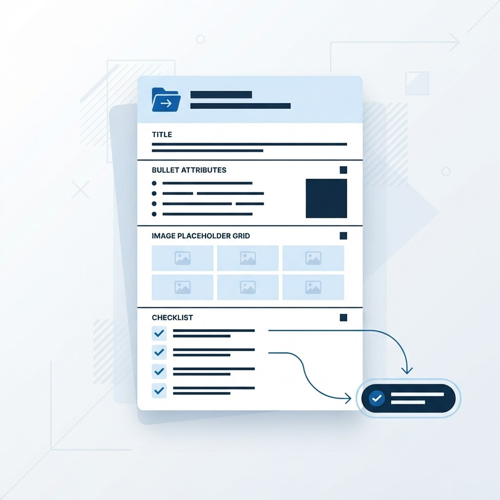 Abstract diagram of a listing brief moving from a structured document with attributes and a checklist toward a ready-to-publish marker