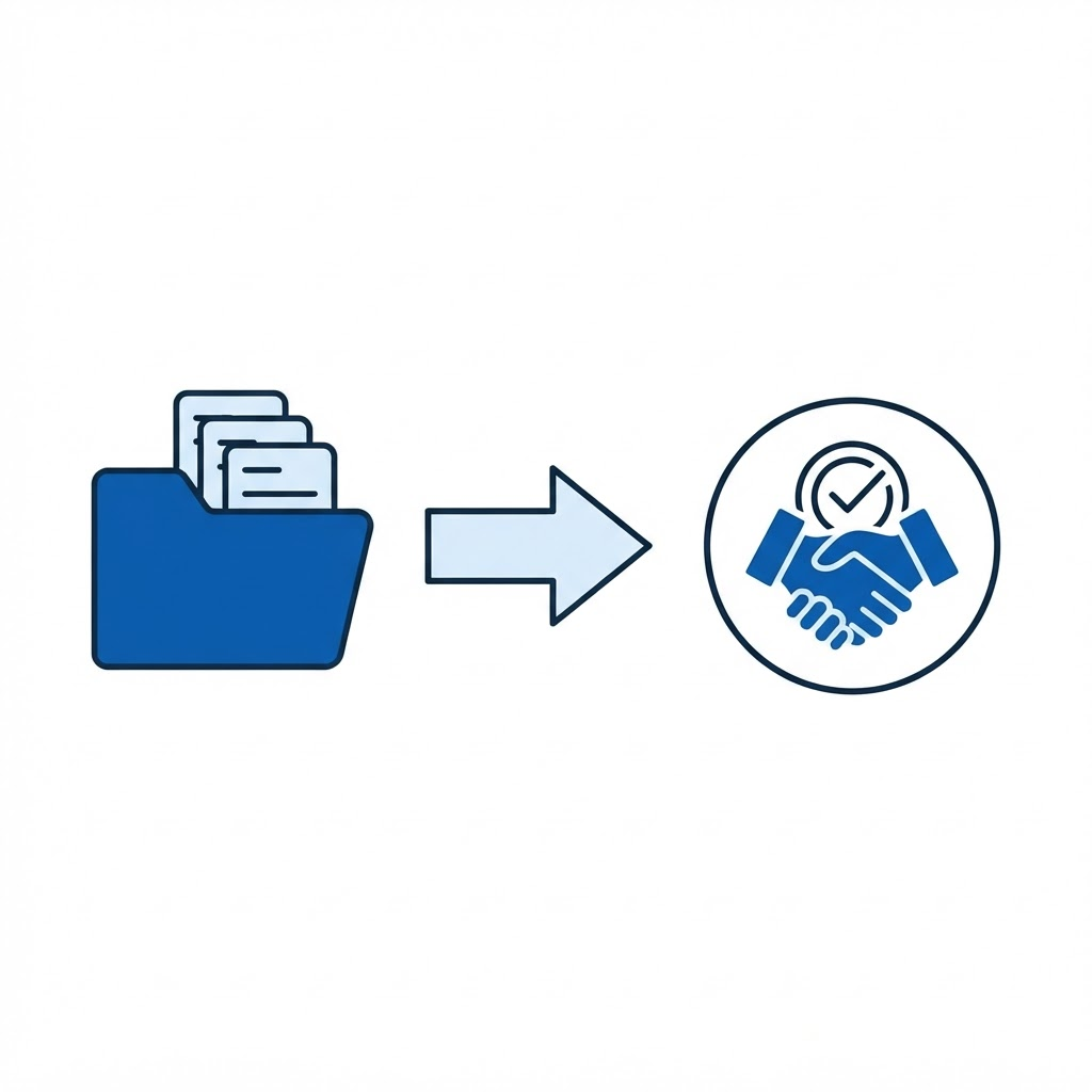 Abstract diagram of several document cards grouped into a batch folder pointing toward an approval mark