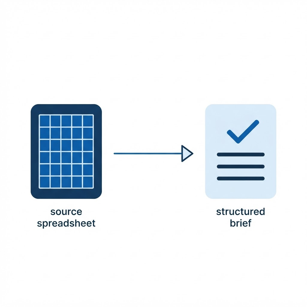 Abstract diagram of data flowing from a source spreadsheet icon into an organized structured brief with a checkmark