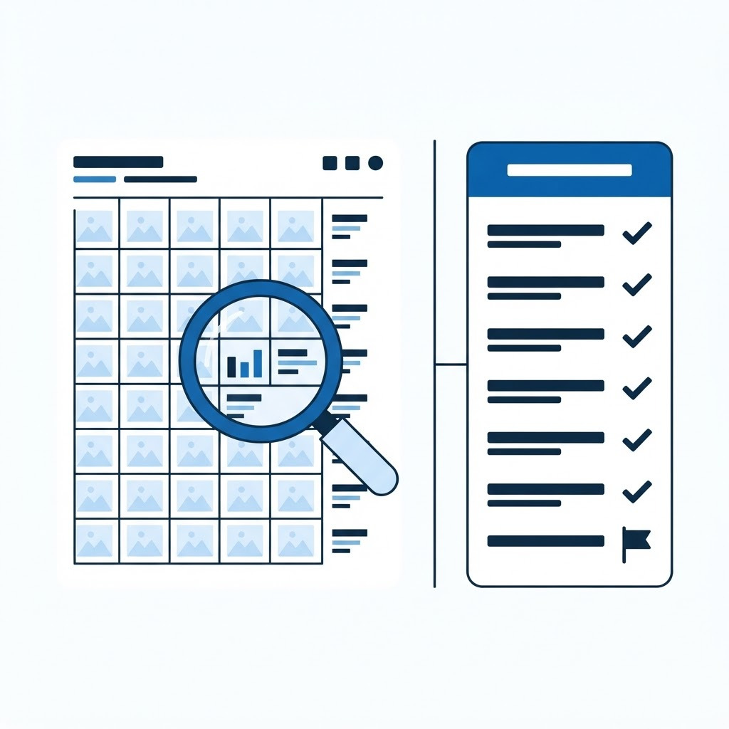 Abstract diagram of a magnifying glass reviewing image placeholders and attribute bars beside a checklist panel